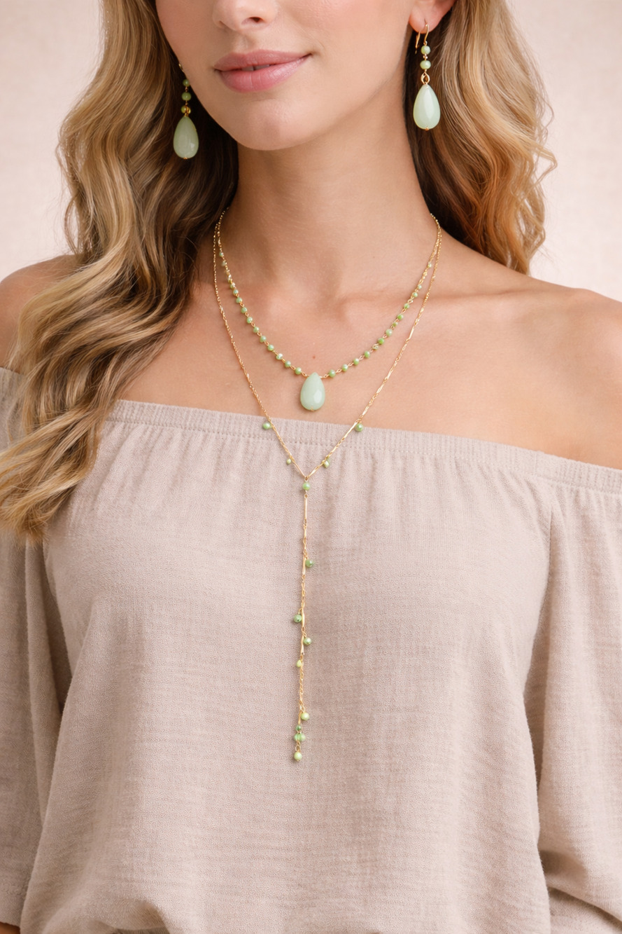 Gold Tone Green Stone Layered Necklace & Earring Set Boho Modern Jewelry